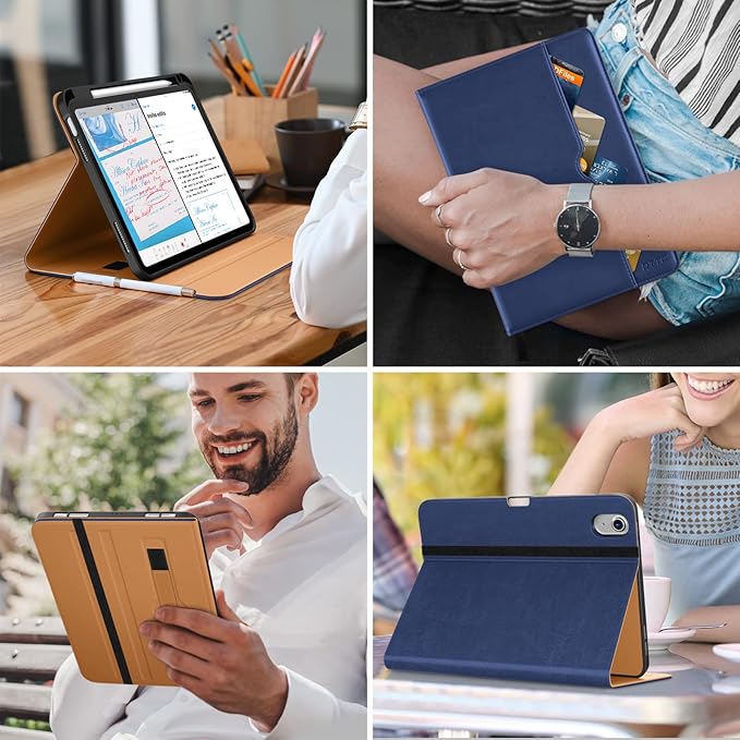 DTTO for iPad (A16) 11th Generation Case 11 Inch 2025, iPad 10th Generation Case 10.9 Inch 2022, Premium Leather Business Folio Stand Cover with Pencil Holder - Auto Wake/Sleep, Navy Blue