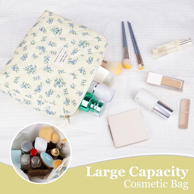 Floral Makeup Bag, Small Cosmetic Bag for Women Girls, Cute Cotton Makeup Bag, Quilted Makeup Bags, Flower Travel Toiletry Organizer Bag(LSHH)
