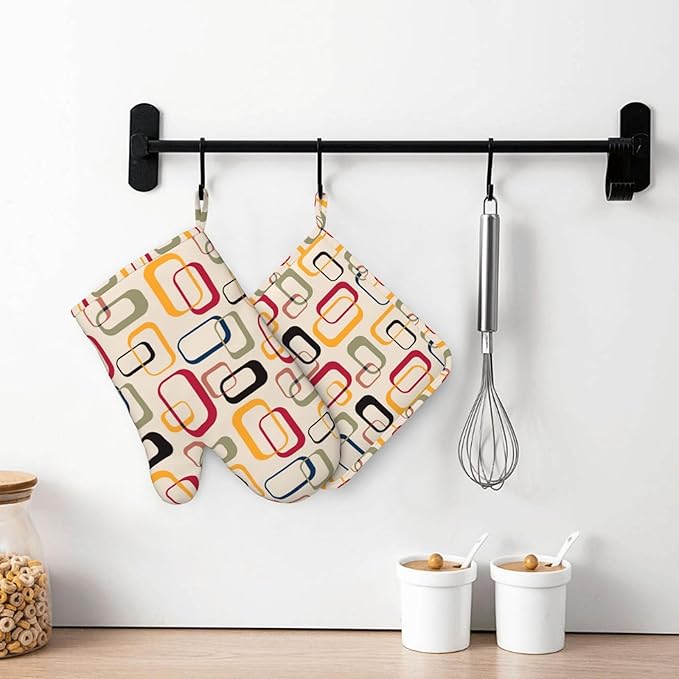 Mid Century Modern Retro Oven Mitts and Pot Holders Set of 4 Silicone Abstract Kitchen Mitten Gloves and Non-Slip Potholders Set Heat Resistant Oven Gloves Hot Holders for Kitchen