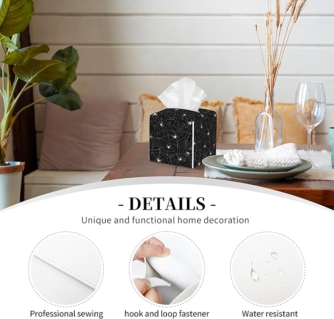 POIUBLE Leather Tissue Box Holder Spider Web Tissue Box Cover Square Waterproof Tissue Holder Organizer Modern Napkin Holder for Bedroom Dresser Night Stand Office Desk