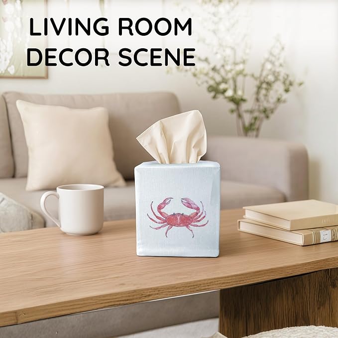 EmbroideryLinen.VN Tissue Box Cover Set of 2, Square Cotton Tissue Holder, Printed Animal Pattern, 4.5x4.5x5.5 Inches, Decorative Holder for Bathroom, Living Room, Office (Blue & Red Crab)
