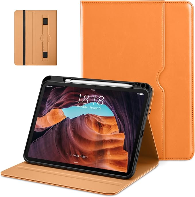 DTTO for iPad (A16) 11th Generation Case 11 Inch 2025, iPad 10th Generation Case 10.9 Inch 2022, Premium Leather Business Folio Stand Cover with Pencil Holder - Auto Wake/Sleep, Orange