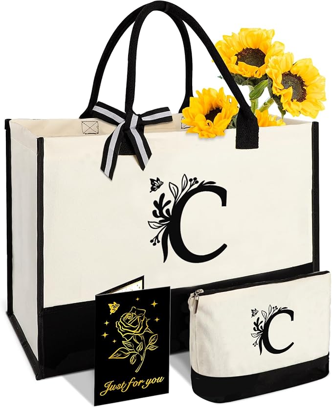 Personalized Gifts for Women - Initial Canvas Tote Bag & Makeup Bag, Custom Bags for Beach, Christmas, Wedding, Birthday, Holiday, Monogram Birthday Gifts for Women, Mom, Wife, Friend, Teacher-C