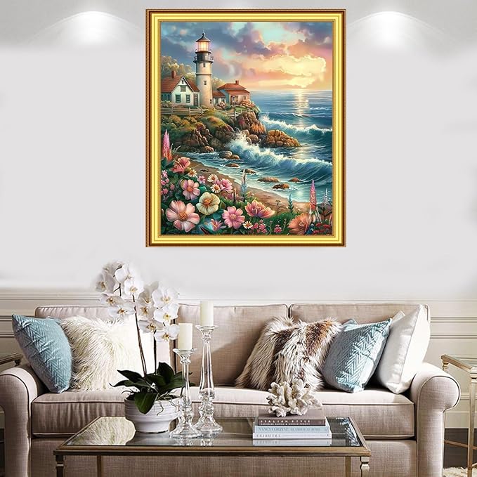 Foxnyart Stamped Cross Stitch Kits Full Range of Embroidery Needlework Starter Kits for Beginners Adults 11CT Embroidery Patterns Art Crafts DIY Needlepoint Kit-Seaside Lighthouse 16x20 inchs