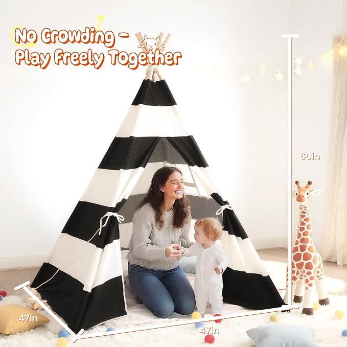 xiaowantong Teepee Tent for Kids with Padded Mat, Lights, and Carry Bag, Washable Playhouse for Indoor Use, Ideal Play Tent for Girls and Boys, Stripe Black