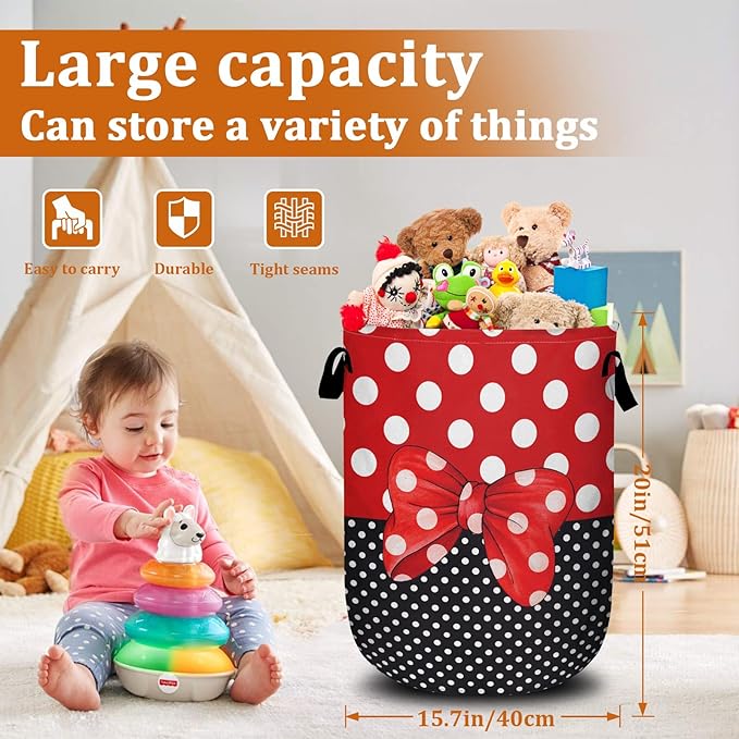 Polka Dot Red Bow Laundry Basket with Sturdy Handles, Collapsible Oxford Cloth Laundry Hamper Organizer Basket for Bathroom Bedroom 15.7x20 Inch