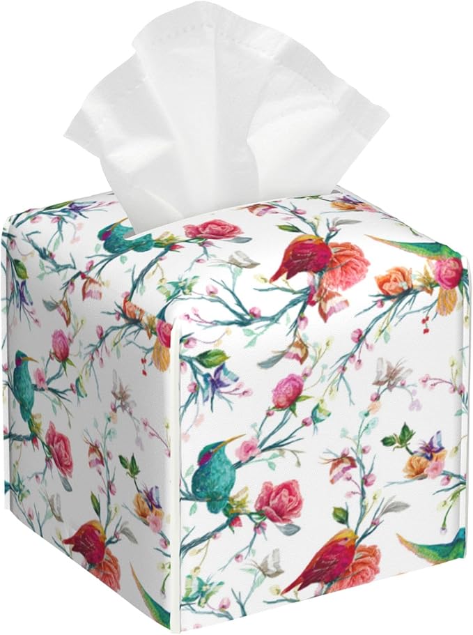 Flowers and Butterflies Tissue Box Holder Birds on Branch Tissue Box Cover Square Leather Tissue Holder Organizer Portable Decorative Facial Paper Case for Home Office Bathroom Vanity Countertop