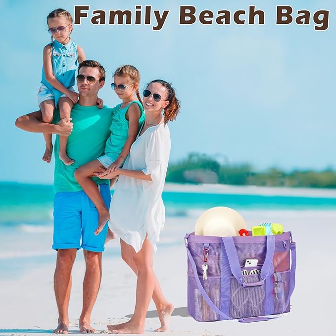 Fammart Mesh Beach Bag, Large Beach Tote Bags with Zipper, Toys Pool Bag for Family Travel Vacation Cruise Essentials