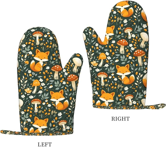 Heat Resistant Oven Mitts 2 Pack, 500°F Silicone Oven Gloves with Non-Slip Grip, Soft Quilted Cotton Lining for Baking, Grilling, BBQ, Cooking (Fox Green)
