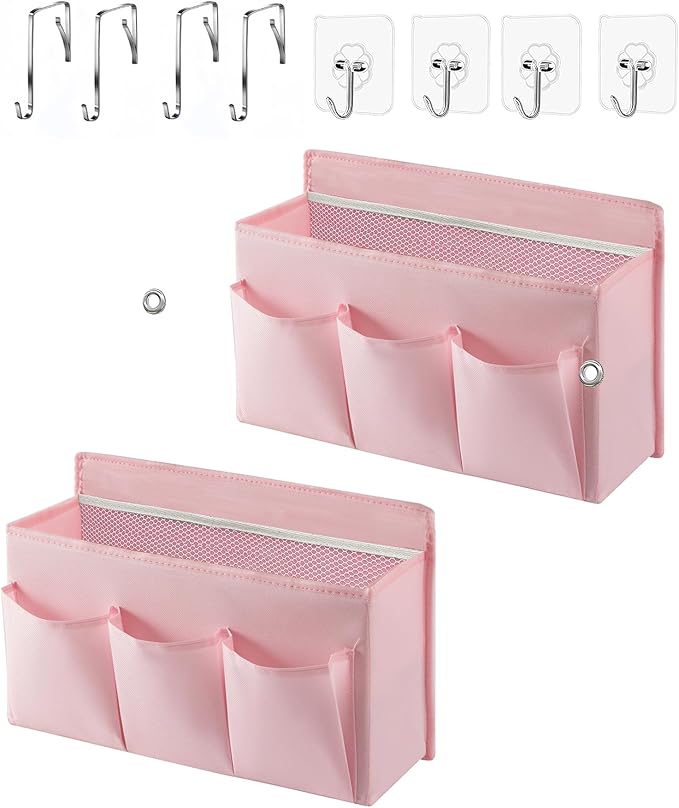 LASAMOLL 2-Pack Hanging Storage Baskets - Wall Organizer with 3 Pockets for Home/Dorm/Closet/Door, Multi-Purpose Space Saver for Office/Bathroom/Nursery - Foldable Fabric Organizer (Pink)