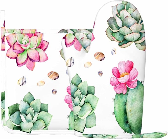 Mxocom Plants Oven Mitt and Pot Holder with Silicone Watercolor Cactus Summer Floral Mexican Cacti Heat Resistant Kitchen for Cooking BBQ Baking Grilling Spring/Summer