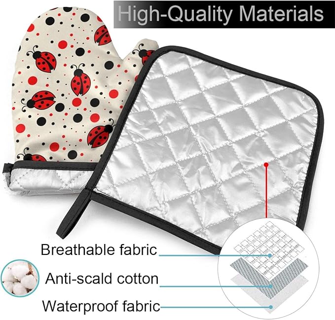 Ladybugs Oven Mitts and Pot Holders Insulated Gloves & Kitchen Counter Safe Mats for Cooking BBQ Baking Grilling (2-Piece Set)