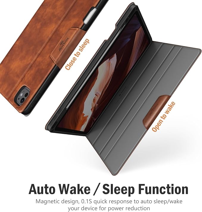 Antbox for iPad Pro 11 Inch Case M5 2025/M4 2024, Built-in Pencil Holder, Fully Supports Pencil Pro/USB-C, Auto Sleep/Wake Function Vegan Leather (Brown)