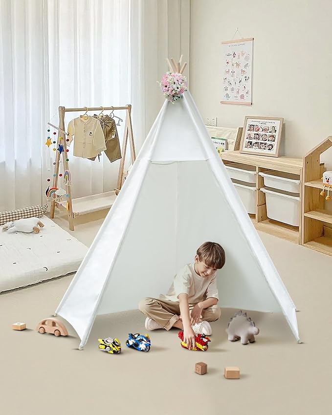 86" H Larger Teepee Play Tent, Huge Foldable Teepee Indoor with Star Light, Large Tall Outdoor Canvas Teepee Tent for Adults, 5 Sides Wide Open Front Beach Teepee Without Door Flaps