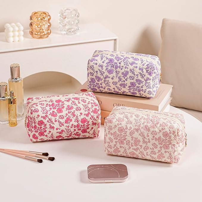 Gleyemor Small Quilted Makeup Bag for Women, Cute Floral Bow Cosmetic Bag, Emergency Bag Travel Toiletry Cotton Pouch Gifts for Girls Her Mom Friend Sister Bridesmaid (Purple Floral)