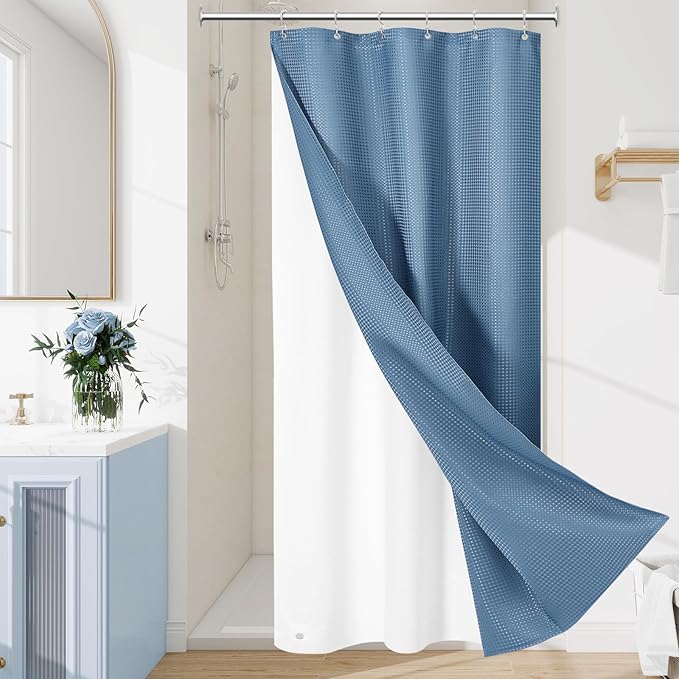 Craidlela 3 in 1 Stall Half Size Moonlight Blue Shower Curtain Set-36 W x 72 H, Modern Waffle Waterproof Fabric and PEVA Liner Set with Stainless Steel Hooks