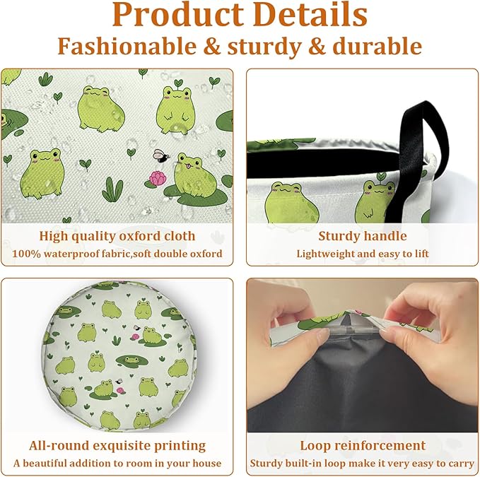 Cute Frog Laundry Basket with Sturdy Handles, Collapsible Oxford Cloth Laundry Hamper Organizer Basket for Bathroom Bedroom 15.7x20 Inch