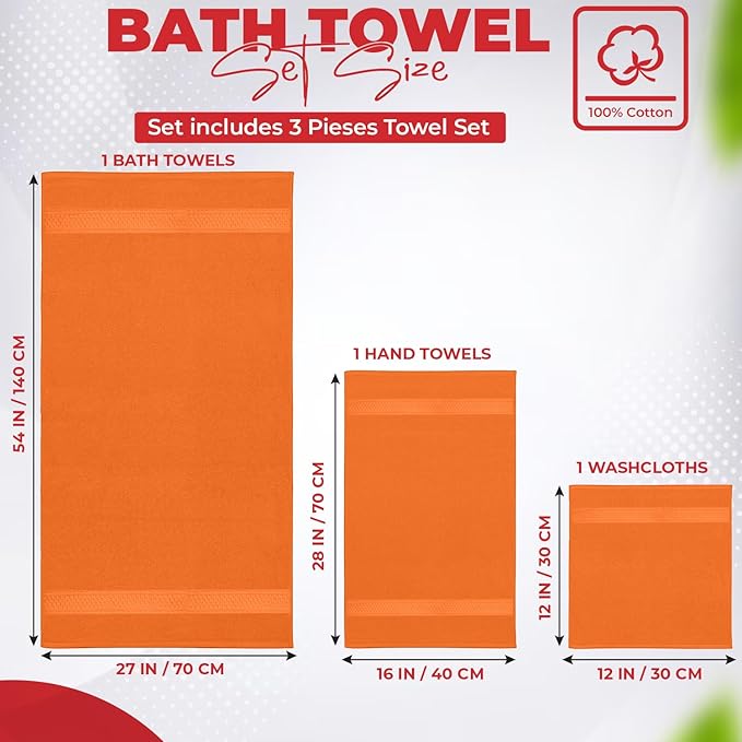 RIVERSIDE 3-Piece Towel Set, 1 Bath Towel, 1 Hand Towel, 1 Washcloth, 550 GSM Ring Spun Cotton, Soft, Quick Dry, Absorbent Bathroom Towels for Home, Gym, Spa, Orange