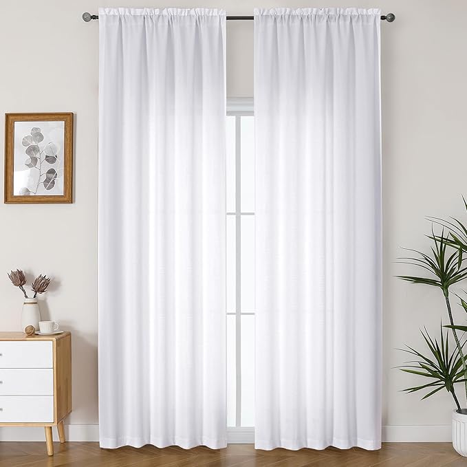 Lecloud Bessie White Curtains 90 Inches Long 2 Panels, Airy Faux Linen Textured Light Filtering Privacy Drapes with Rod Pocket, Soft Home Windows Decor for Living Room Bedroom, Each 50" W x 90" L