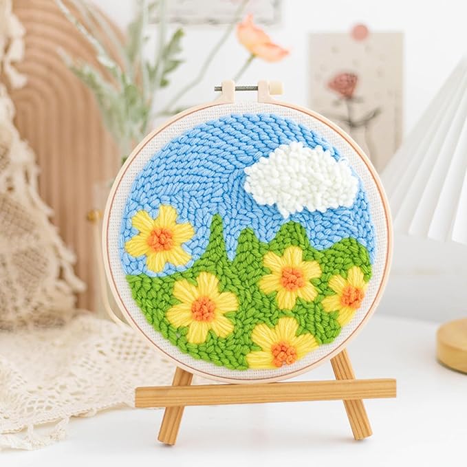 Woohome Punch Needle Kit Included Plastic Hoops, Punch Needle Cloth, Color Yarn and Punch Needle Tools for Adults, Beginners (Rainbow and Flowers)