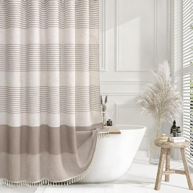 XOGUIBO Taupe Shower Curtain Farmhouse Linen Striped Shower Curtains for Bathroom with Tassel 72 X 72