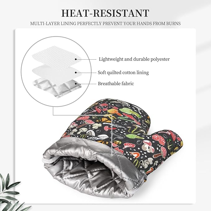 Fresh Mushroom Oven Mitts and Pot Holders Sets of 4,Resistant Hot Pads with Polyester Non-Slip BBQ Gloves for Kitchen,Cooking,Baking,Grilling