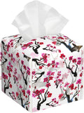 POIUBLE Leather Tissue Box Holder Pink Blooming Flowers Tissue Box Cover Square Waterproof Tissue Holder Organizer Modern Napkin Holder for Bedroom Dresser Night Stand Office Desk