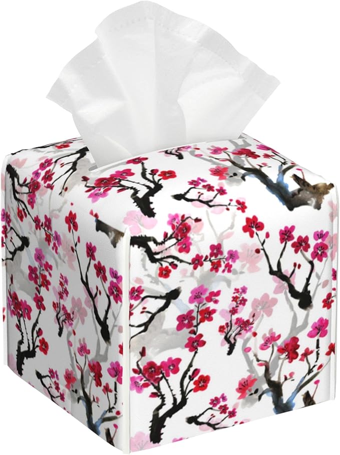 POIUBLE Leather Tissue Box Holder Pink Blooming Flowers Tissue Box Cover Square Waterproof Tissue Holder Organizer Modern Napkin Holder for Bedroom Dresser Night Stand Office Desk