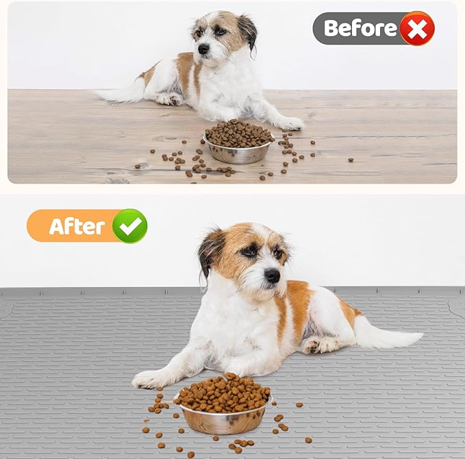 Bartuke Dog Food Mat, Extra Large 40" x 28" Silicone Pet Feeding Mat for Small, Medium, and Large Pets Non-Slip, Easy to Clean, Gray