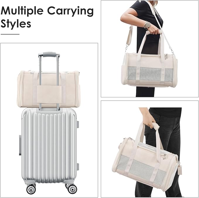 Monanller Fashion Leather Dog Carrier, Airline Approved Cat Carrier Soft Sided Pet Bag Carrier Purse for Puppy Kitten Small Animals White