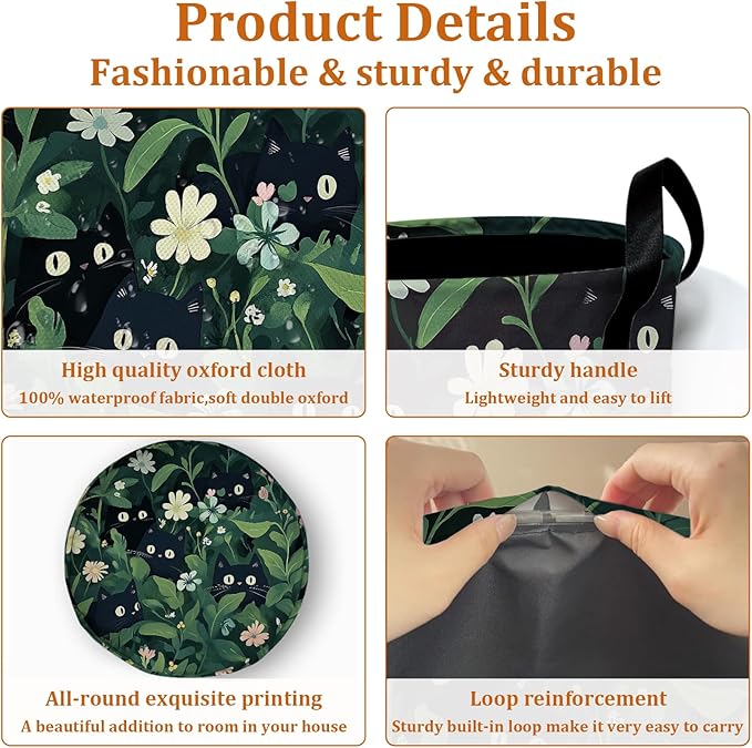 Black Cat in Greenery Laundry Basket with Sturdy Handles, Cute Cat Leaves Flower Collapsible Oxford Cloth Laundry Hamper Organizer Basket for Bathroom Bedroom 15.7x20 Inch
