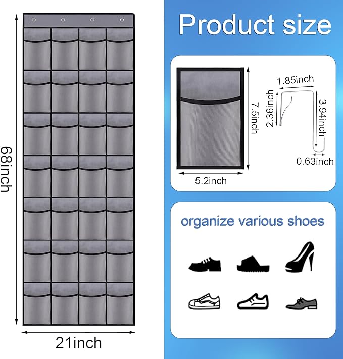 Teikou 28 Mesh Pockets Hanging Shoe Organizer, Over the Door Shoe Organizer，Closet Storage Holder for Back of Door Storage Holder for Back of Door(Grey)