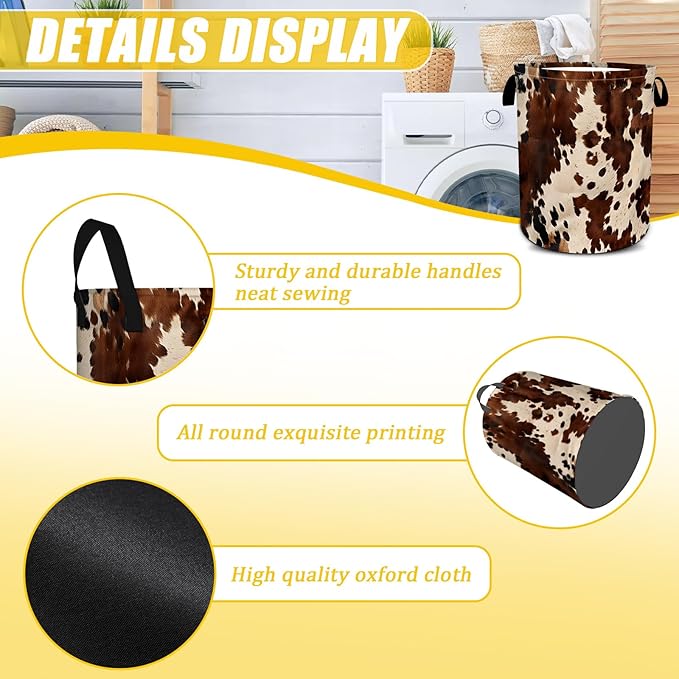 Brown Cowhide Laundry Basket,Laundry Hamper With Handles Collapsible Laundry Baskets Waterproof Dirty Clothes Hamper Storage Basket Toy Bins For Room Bathroom Bedroom Decor