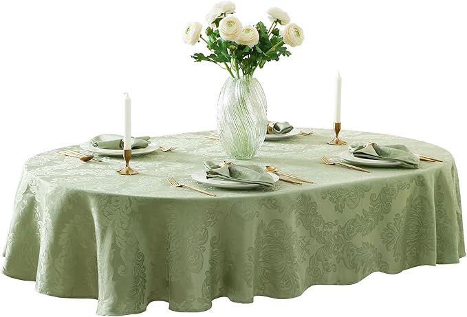 Newbridge Barcelona Damask Fabric Tablecloth, 60 x 84 Inch Oval, Sage Green – No Iron, Soil Resistant Table Cover for Dining, Parties and Holidays