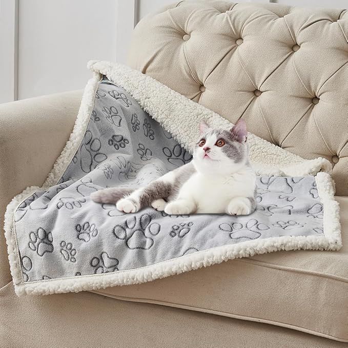 Qeils Dog Blankets for Small Dogs - Waterproof Pet Blanket Washable - Sherpa Fleece Puppy Blanket, Soft Plush Reversible Dog Blanket for Bed Couch Car Sofa, 30"X40", Grey Paw Print