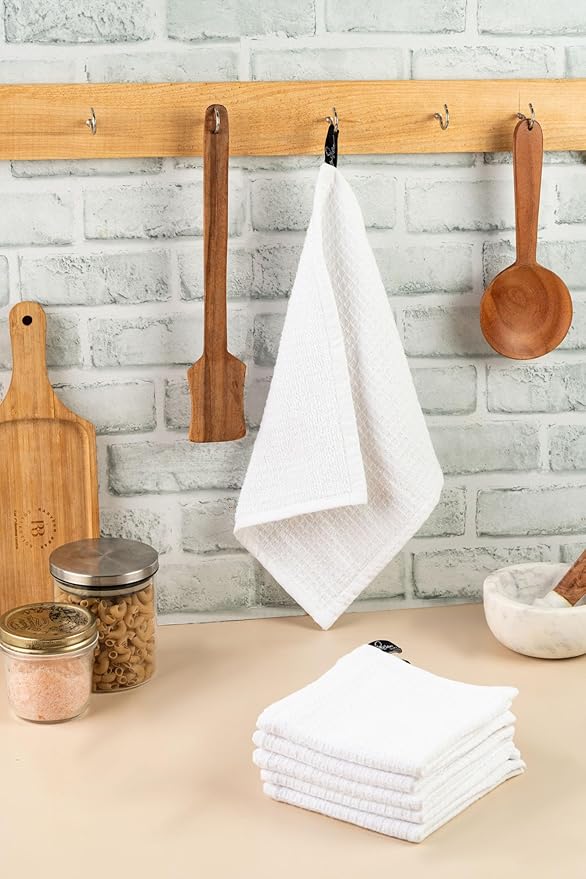 Candy Cottons Kitchen Dish Wash Cloths Waffle Terry Design DishCloths12x12 in Pk of 4 & Dish Towels 13x28 in Pk of 4|Cotton Dish Rags for Drying Dishes|Counter Top |Spring Easter Basket Decor|White