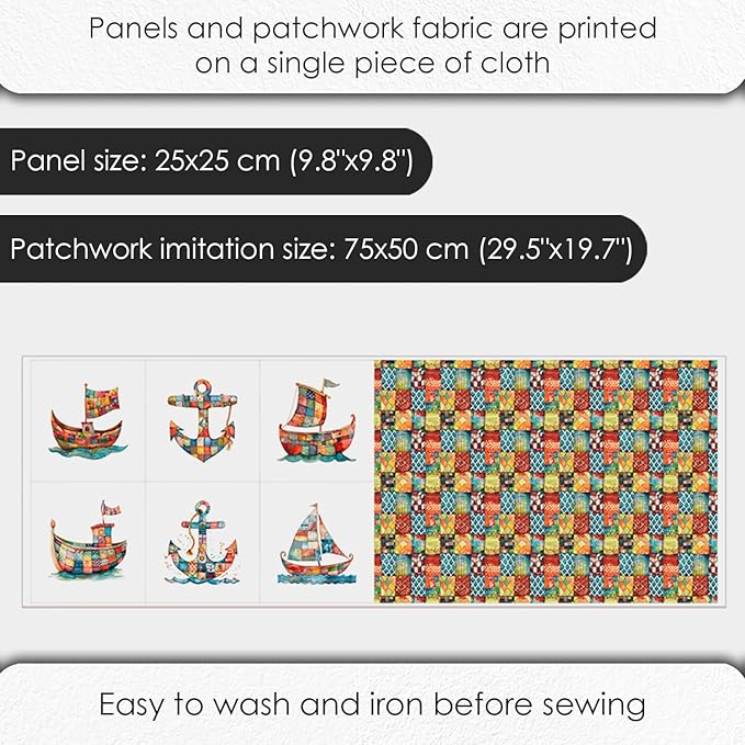 Patchwork Boat Cotton Fabric Panel – Six 10×10 inch Designs + Bonus 29.5×19.6 inch Patchwork Sheet, 100% Turkish Cotton 140 GSM
