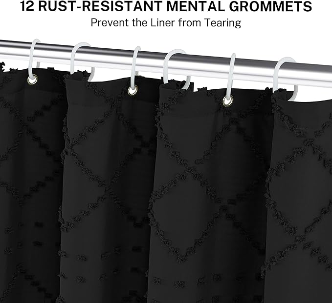 Boho Black Woven Fabric Short Shower Curtain with Tassels 72 x 66 Modern Farmhouse Minimalist Tufted Chevron Striped Shabby Chic Textured, Water Resistant Curtain for Bathroom, Hotel Decor