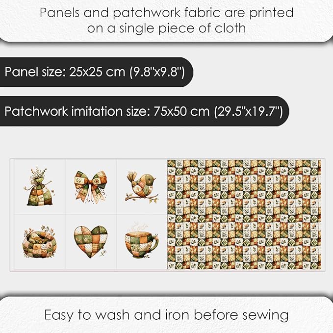 Rustic Patchwork Cotton Fabric Panel – 6 Designs (10"×10" inch Each) + Bonus Patchwork Sheet 29.5"×19.6" inch, 100% Cotton 140 GSM