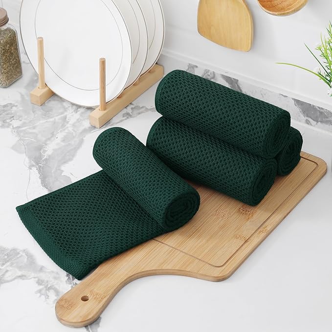 Kitinjoy 100% Cotton Waffle Weave Kitchen Towels, 8-Pack Super Soft and Absorbent Dish Towels for Drying Dishes, Kitchen Hand Towels, 13 in x 28 in, Blackish Green