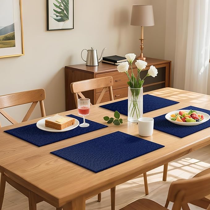 Blue Forest | Rectangular Faux Linen Placemats Set of 6 | Dual- Layered Thickened for Durability | Heat Resistant | Machine Washable | Wrinkle Free for Easy Care Indoor/Outdoor Use - Navy Blue