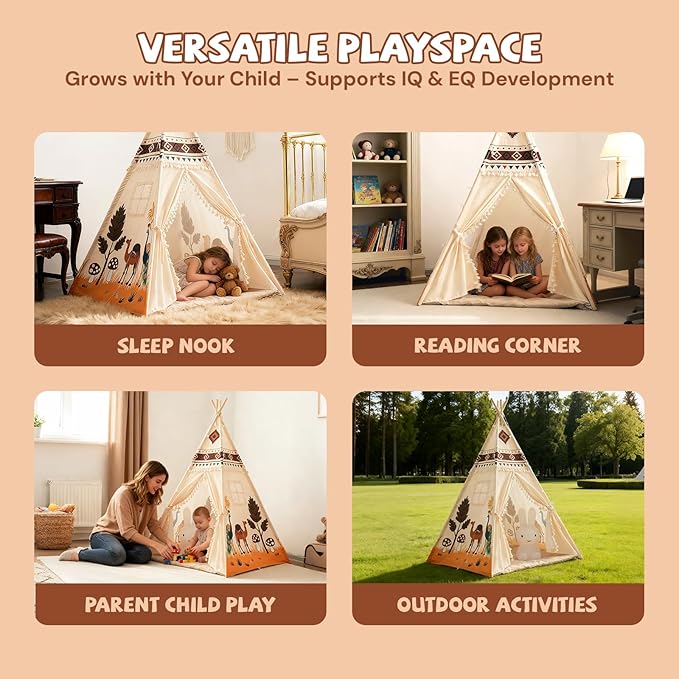 Duwenem Teepee Tent for Kids, Play Tent with Padded Mat & Star Lights, Indoor Play Tent for Girls & Boys, Desert Camel