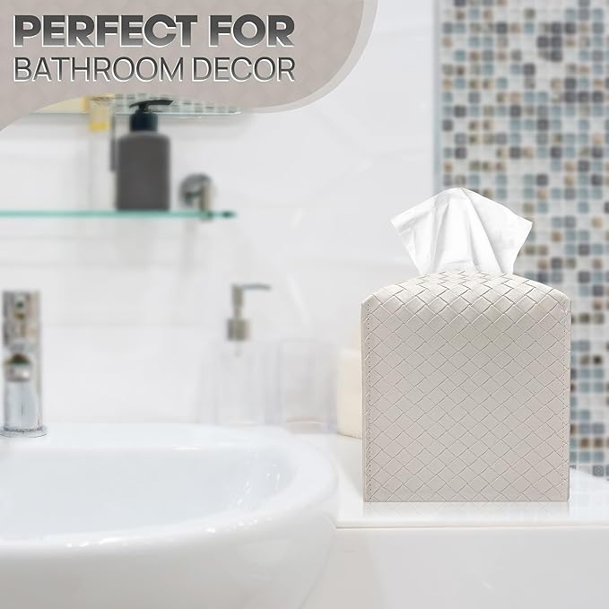 Tissue Box Cover Holder, PU Leather Tissue Box Cover with Braided Pattern, Square Tissue Holder with Bottom Belt, Modern Organizer for Bathroom, Car, Office, Tabletop(Pearl White,12 Braided Patterns)