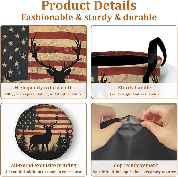 American Flag Deer Laundry Basket with Sturdy Handles, Memorial Day Patriotic Collapsible Oxford Cloth Laundry Hamper Organizer Basket for Bathroom Bedroom 15.7x20 Inch