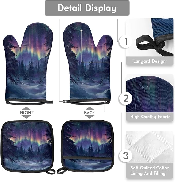 Northern Lights Oven Mitts and Pot Holder Set of 2, Kitchen Heat Insulation Pads Non-Slip Potholders Baking Gloves for BBQ Cooking Baking