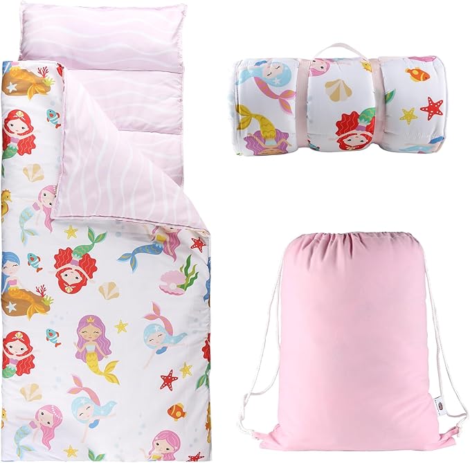 Hi Sprout Toddlers Nap Mat with Removable Pillow and Soft Blanket, Lightweight Daycare Preschool Kindergarten Sleeping Bag, Travel Slumber for Kids Girls Boys