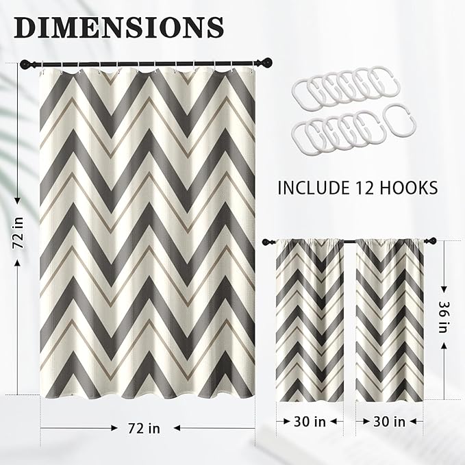 Culudea Chevron Striped Modern Beige Grey Waffle Textured Cloth Shower Curtain Set, Wave Zig Zag Minimalist Bathroom Window Waterproof Shower Curtains for Bathroom Decor