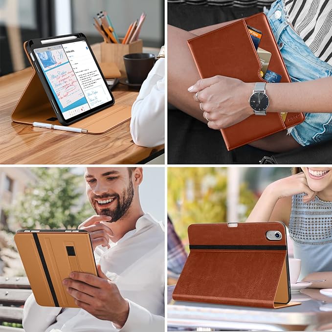 DTTO for iPad (A16) 11th Generation Case 11 Inch 2025, iPad 10th Generation Case 10.9 Inch 2022, Premium Leather Business Folio Stand Cover with Pencil Holder - Auto Wake/Sleep, Brown