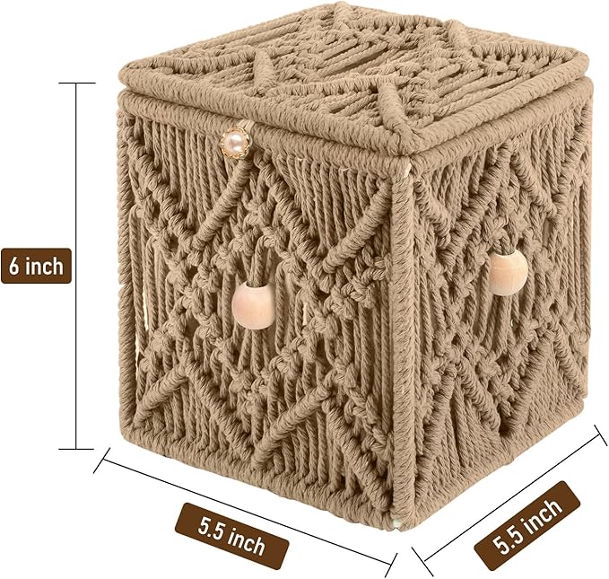 KaloKalo Handmade Tissue Box Cover Decorative Macrame Boho Square Tissue Holder Cotton Rope Woven Napkin Facial Paper Organizer Bohemian Desk Storage Container with Buckle Wood Beads (Khaki)