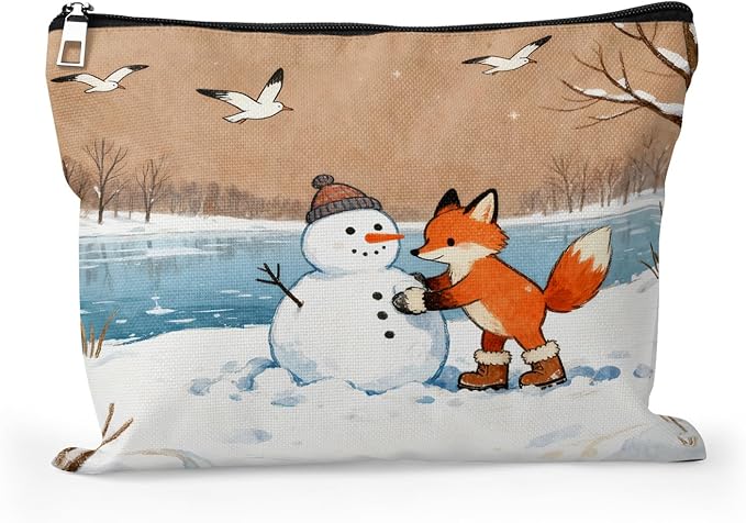 Cafl Fox Making Snowman Makeup Bag Travel Large Winter Cosmetic Bag Organizer toiletry Essentials Jewelry Zipper Bag Gift For Women -10×8 inch